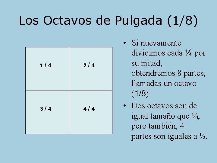 Los Octavos de Pulgada (1/8) 1/4 1/8 2/4 5/8 6/8 3 / 83 /