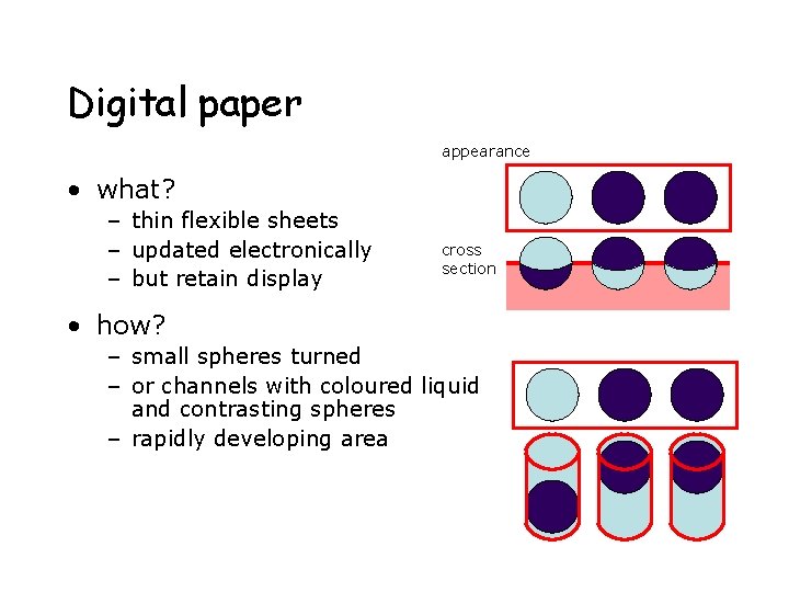 Digital paper appearance • what? – thin flexible sheets – updated electronically – but