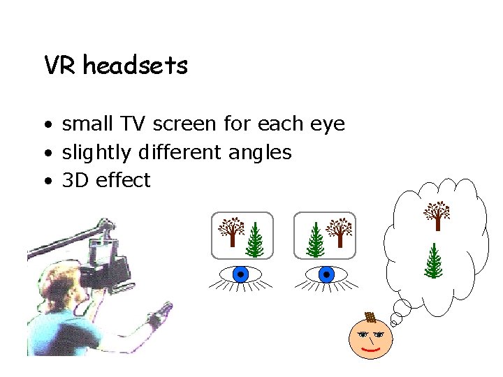 VR headsets • small TV screen for each eye • slightly different angles •
