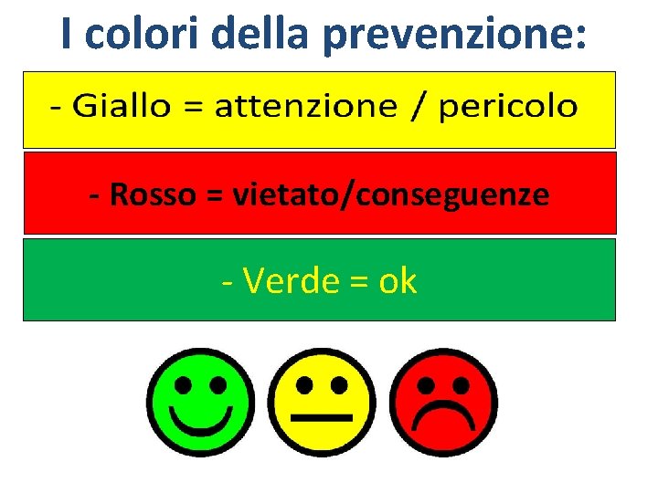 I colori della prevenzione: - Rosso = vietato/conseguenze - Verde = ok - verde