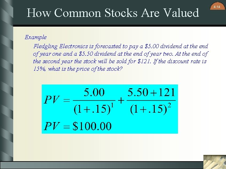 How Common Stocks Are Valued Example Fledgling Electronics is forecasted to pay a $5.