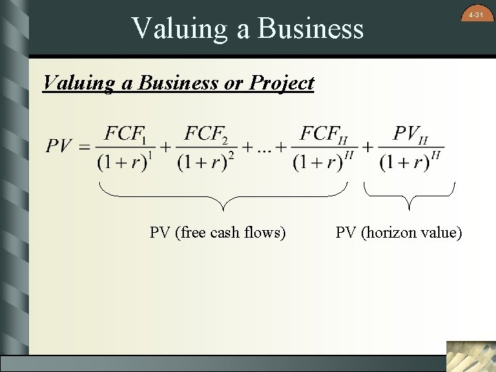 Valuing a Business or Project PV (free cash flows) PV (horizon value) 4 -31