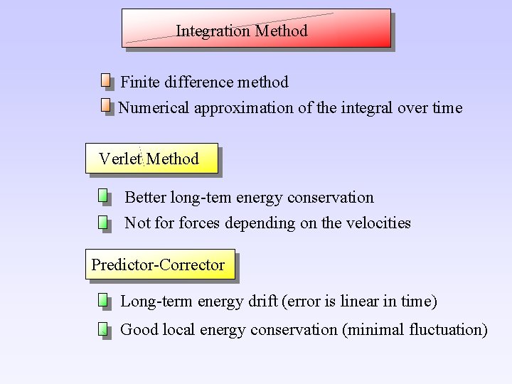 Integration Method Finite difference method Numerical approximation of the integral over time Verlet Method