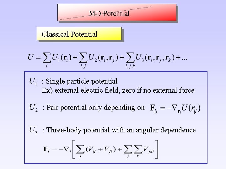 MD Potential Classical Potential : Single particle potential Ex) external electric field, zero if