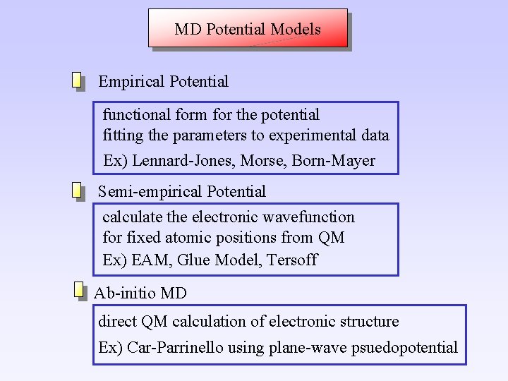 MD Potential Models Empirical Potential functional form for the potential fitting the parameters to