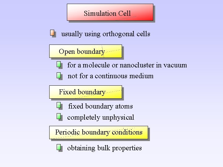 Simulation Cell usually using orthogonal cells Open boundary for a molecule or nanocluster in
