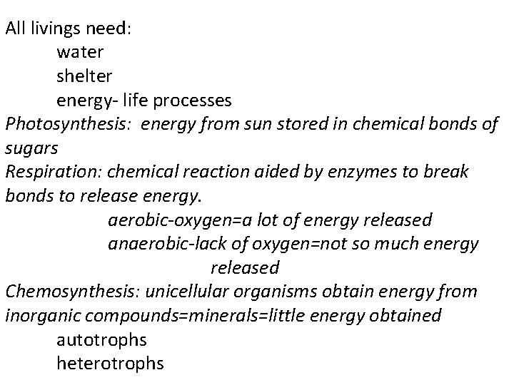 All livings need: water shelter energy- life processes Photosynthesis: energy from sun stored in