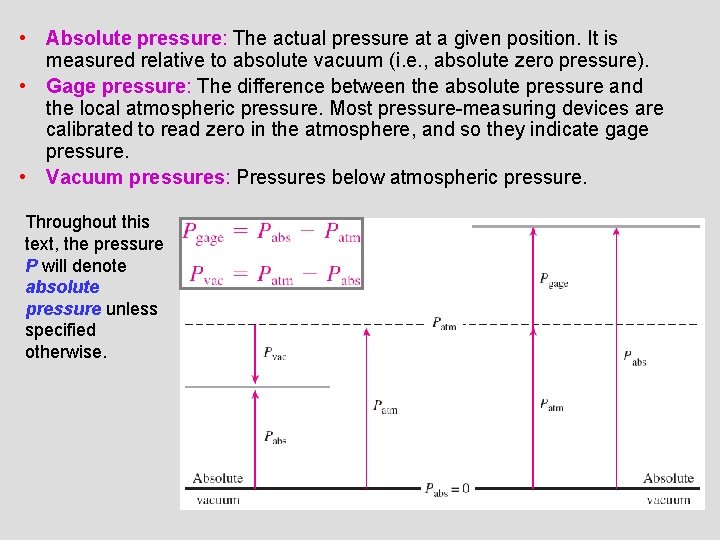  • Absolute pressure: The actual pressure at a given position. It is measured