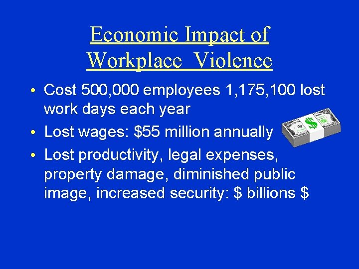 Economic Impact of Workplace Violence • Cost 500, 000 employees 1, 175, 100 lost