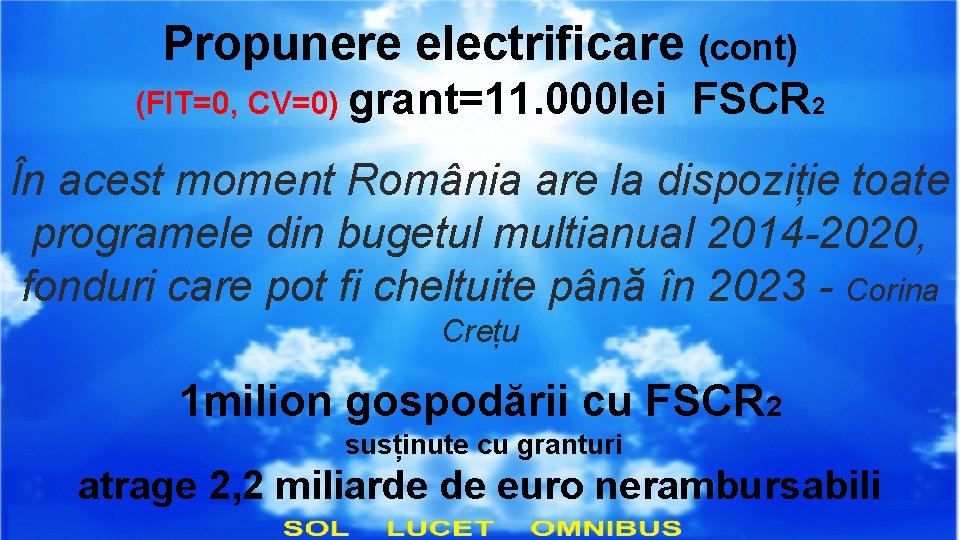 Propunere electrificare (cont) (FIT=0, CV=0) grant=11. 000 lei FSCR 2 În acest moment România