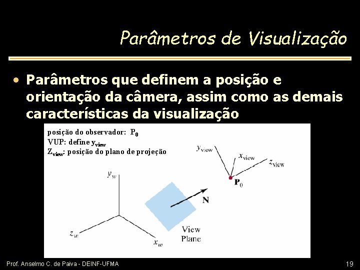 Parâmetros de Visualização • Parâmetros que definem a posição e orientação da câmera, assim