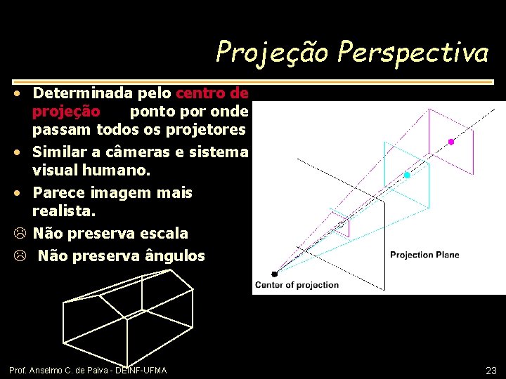 Projeção Perspectiva • Determinada pelo centro de projeção - o ponto por onde passam