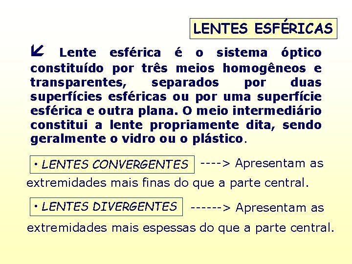 LENTES ESFÉRICAS Lente esférica é o sistema óptico constituído por três meios homogêneos e