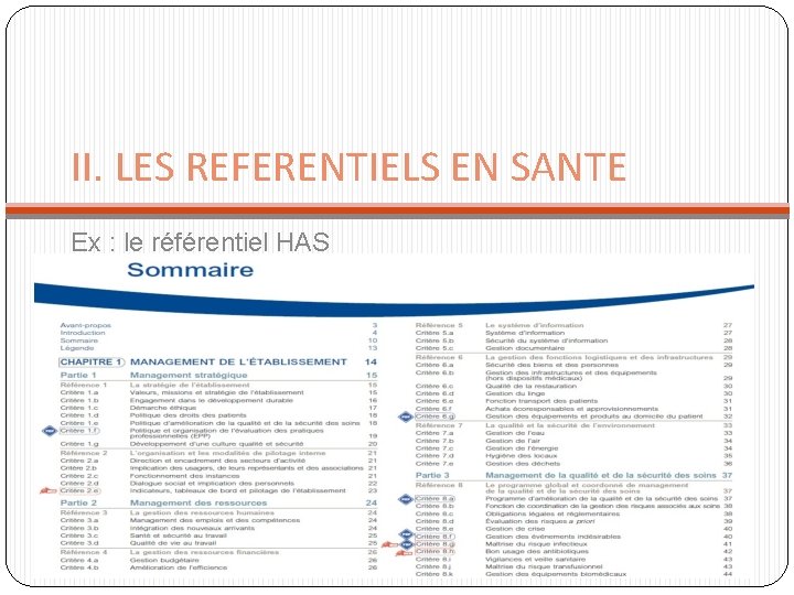 II. LES REFERENTIELS EN SANTE Ex : le référentiel HAS II. LES REFERENTIELS EN SANTE Ex : le référentiel HAS