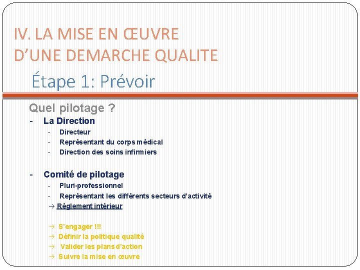 IV. LA MISE EN ŒUVRE D’UNE DEMARCHE QUALITE Étape 1: Prévoir Quel pilotage ? IV. LA MISE EN ŒUVRE D’UNE DEMARCHE QUALITE Étape 1: Prévoir Quel pilotage ?