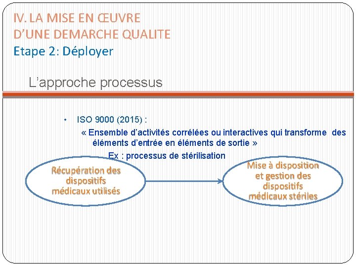 IV. LA MISE EN ŒUVRE D’UNE DEMARCHE QUALITE Etape 2: Déployer L’approche processus • IV. LA MISE EN ŒUVRE D’UNE DEMARCHE QUALITE Etape 2: Déployer L’approche processus •