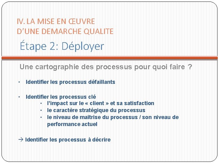 IV. LA MISE EN ŒUVRE D’UNE DEMARCHE QUALITE Étape 2: Déployer Une cartographie des IV. LA MISE EN ŒUVRE D’UNE DEMARCHE QUALITE Étape 2: Déployer Une cartographie des