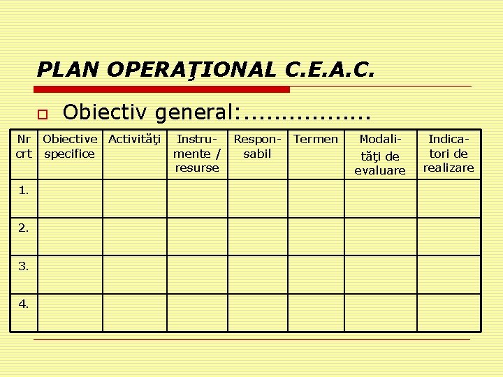 PLAN OPERAŢIONAL C. E. A. C. o Obiectiv general: . . . . Nr