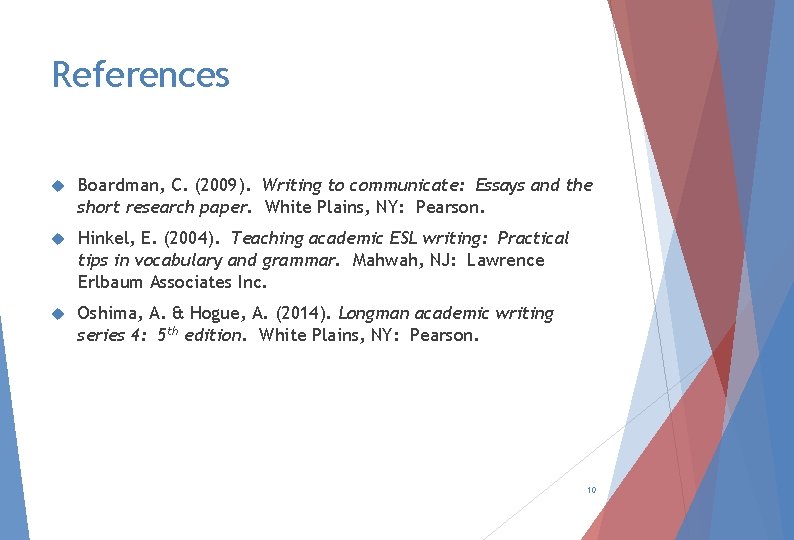 References Boardman, C. (2009). Writing to communicate: Essays and the short research paper. White References Boardman, C. (2009). Writing to communicate: Essays and the short research paper. White