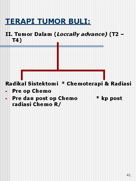 TERAPI TUMOR BULI: II. Tumor Dalam (Loccally advance) (T 2 – T 4) Radikal
