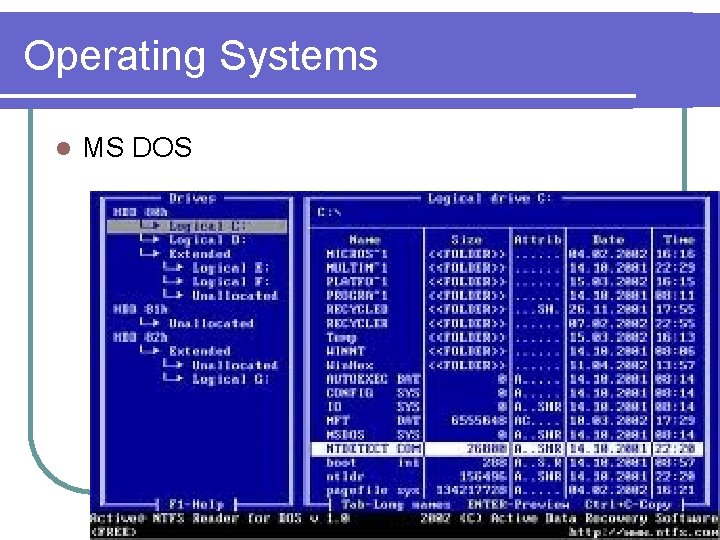 Operating Systems l MS DOS 