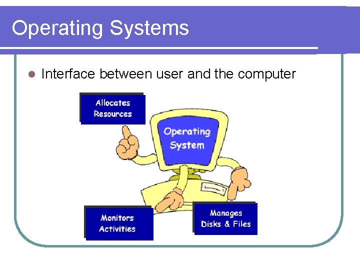 Operating Systems l Interface between user and the computer 