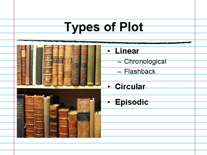 Types of Plot • Linear – Chronological – Flashback • Circular • Episodic Types of Plot • Linear – Chronological – Flashback • Circular • Episodic