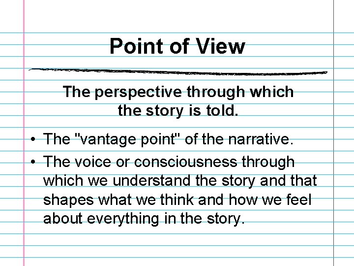 Point of View The perspective through which the story is told. • The "vantage Point of View The perspective through which the story is told. • The "vantage