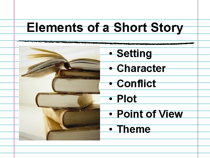 Elements of a Short Story • • • Setting Character Conflict Plot Point of Elements of a Short Story • • • Setting Character Conflict Plot Point of