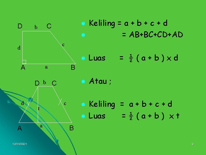 D l Keliling = a + b + c + d = AB+BC+CD+AD l