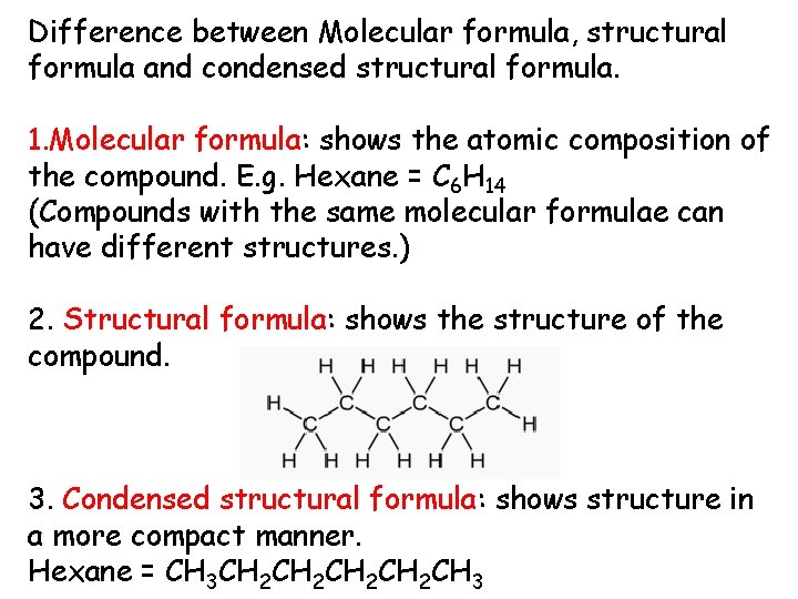 Difference between Molecular formula, structural formula and condensed structural formula. 1. Molecular formula: shows