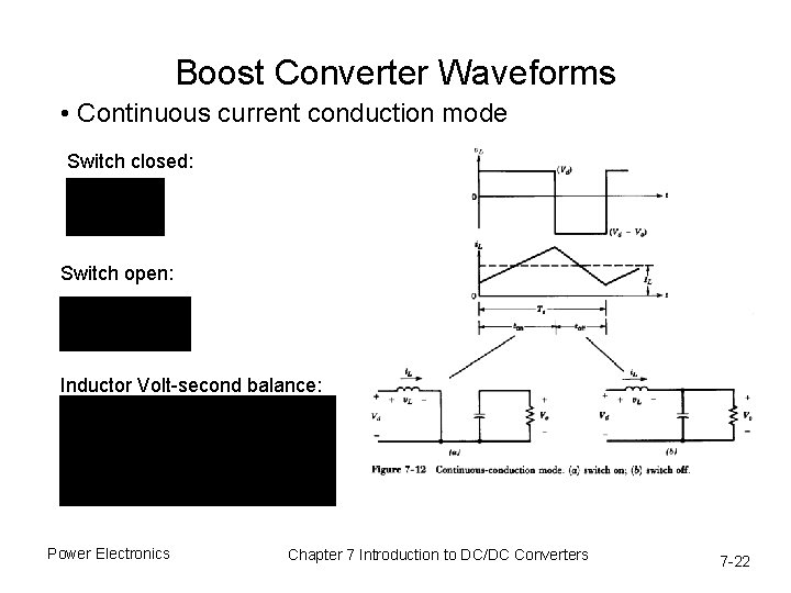 Boost Converter Waveforms • Continuous current conduction mode Switch closed: Switch open: Inductor Volt-second