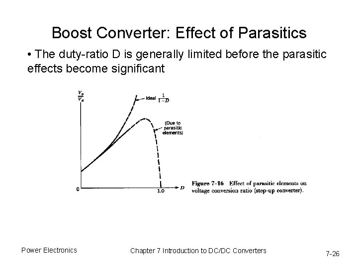 Boost Converter: Effect of Parasitics • The duty-ratio D is generally limited before the