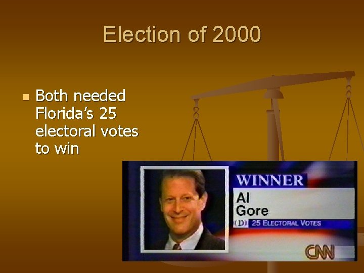 Election of 2000 Both needed Florida’s 25 electoral votes to win 