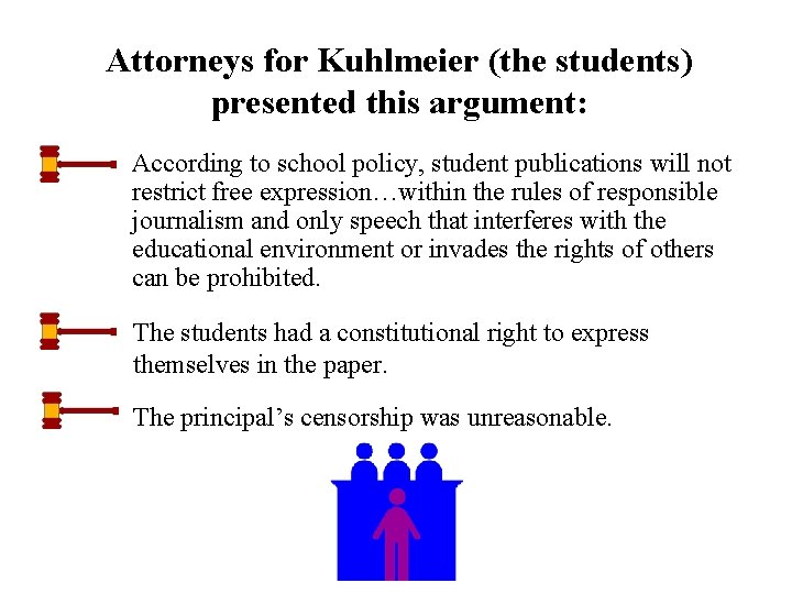 Attorneys for Kuhlmeier (the students) presented this argument: According to school policy, student publications