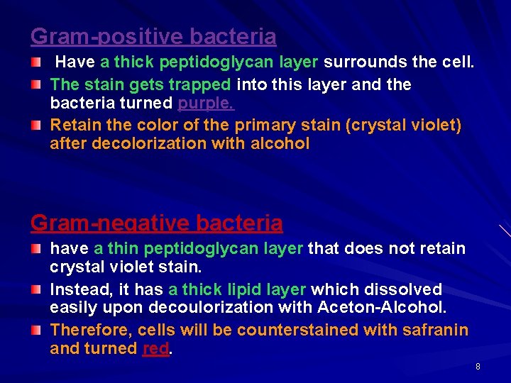 Gram-positive bacteria Have a thick peptidoglycan layer surrounds the cell. The stain gets trapped