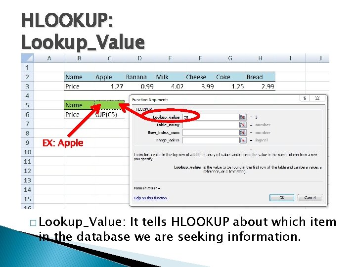 HLOOKUP: Lookup_Value EX: Apple � Lookup_Value: It tells HLOOKUP about which item in the
