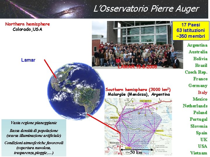 L’Osservatorio Pierre Auger Northern hemisphere Colorado, USA 17 Paesi 63 Istituzioni ~350 membri Lamar