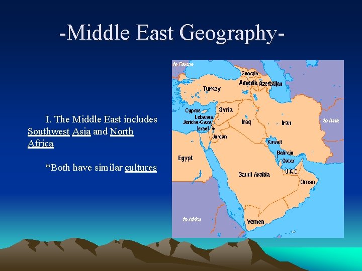 -Middle East Geography- I. The Middle East includes Southwest Asia and North Africa *Both