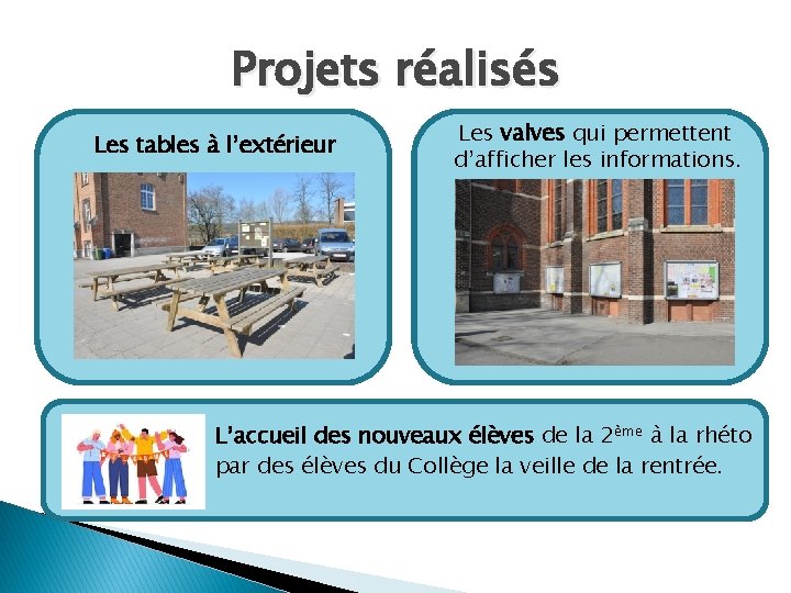 Projets réalisés Les tables à l’extérieur Les valves qui permettent d’afficher les informations. L’accueil