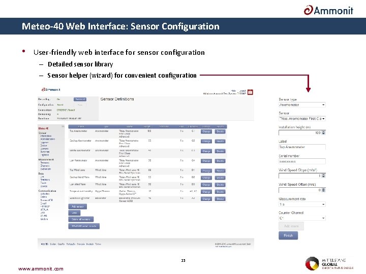 Meteo-40 Web Interface: Sensor Configuration • User-friendly web interface for sensor configuration – Detailed