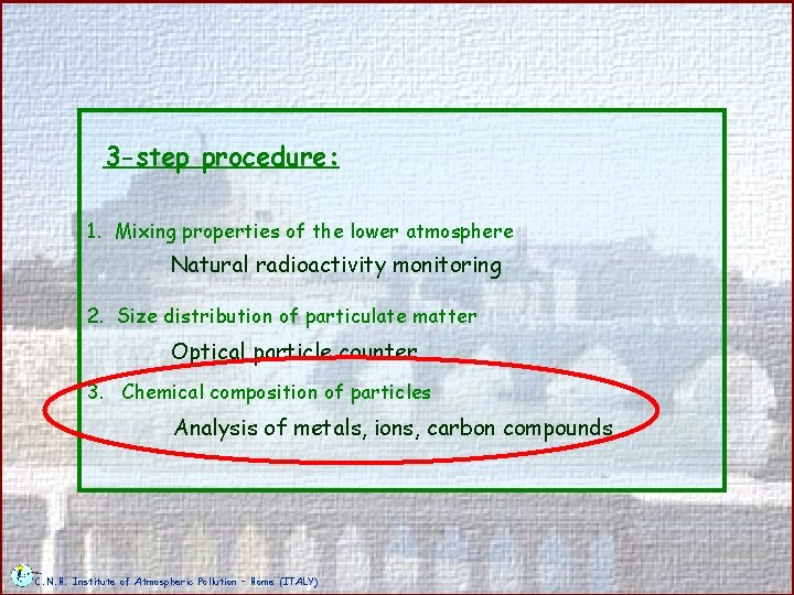 3 -step procedure: 1. Mixing properties of the lower atmosphere Natural radioactivity monitoring 2.