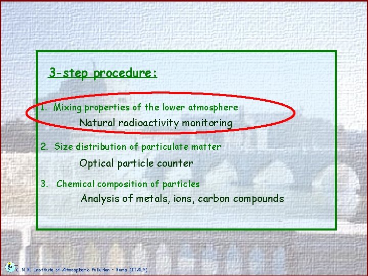 3 -step procedure: 1. Mixing properties of the lower atmosphere Natural radioactivity monitoring 2.