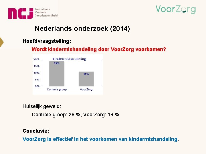 Nederlands onderzoek (2014) Hoofdvraagstelling: Wordt kindermishandeling door Voor. Zorg voorkomen? Huiselijk geweld: Controle groep: