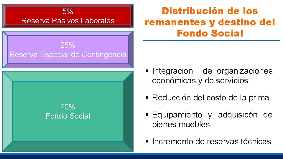 5% Reserva Pasivos Laborales Distribución de los remanentes y destino del Fondo Social 25%