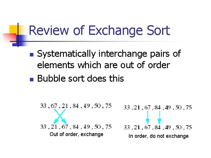 Review of Exchange Sort n n Systematically interchange pairs of elements which are out