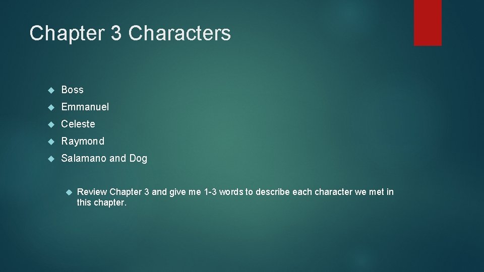 Chapter 3 Characters Boss Emmanuel Celeste Raymond Salamano and Dog Review Chapter 3 and Chapter 3 Characters Boss Emmanuel Celeste Raymond Salamano and Dog Review Chapter 3 and