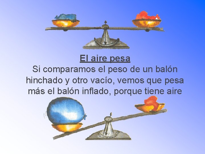 El aire pesa Si comparamos el peso de un balón hinchado y otro vacío,