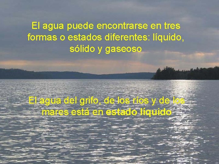 El agua puede encontrarse en tres formas o estados diferentes: líquido, sólido y gaseoso