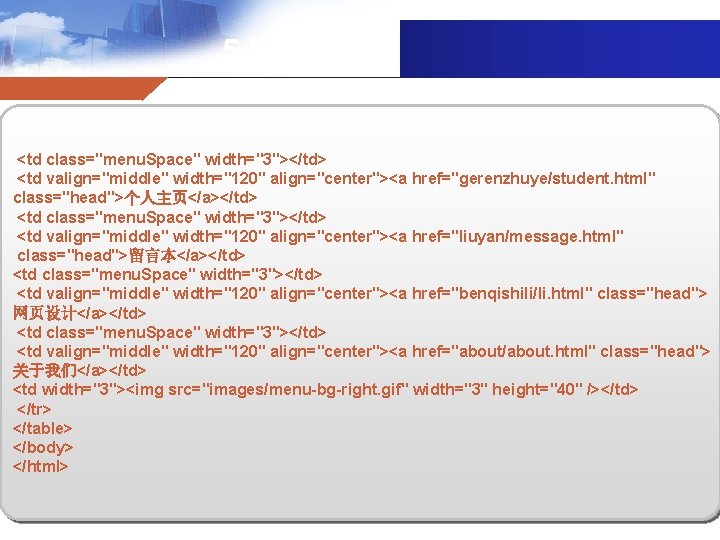 5. 5小实例 <td class="menu. Space" width="3"></td> <td valign="middle" width="120" align="center"><a href="gerenzhuye/student. html" class="head">个人主页</a></td> <td